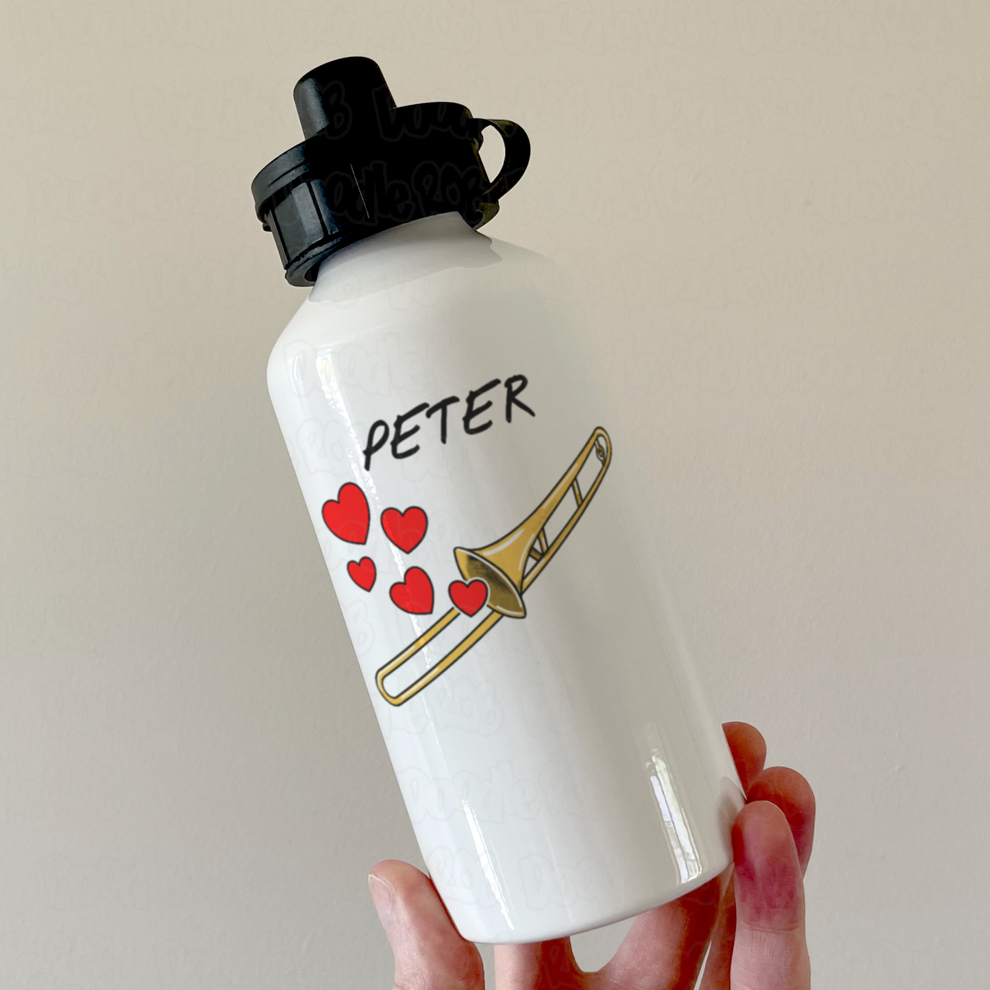 Personalised Trombone Water Bottle (Hearts) - Trombonist Anniversary Gift - Brass Musician Custom Water Bottle