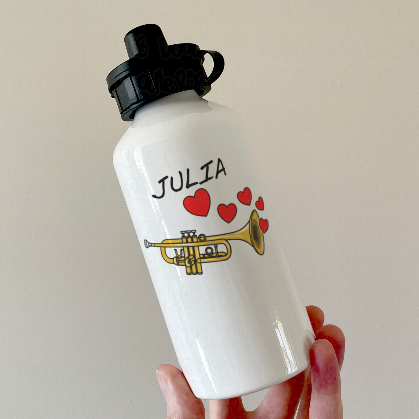 Personalised Trumpet Water Bottle (Hearts) - Trumpeter Anniversary Gift - Brass Musician Custom Water Bottle
