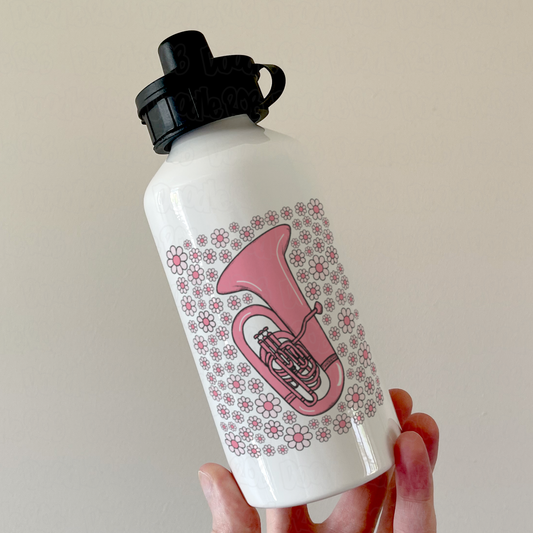 Tuba Floral Water Bottle (Pink Flowers) - Female Tubaist - Brass Musician Gift For Girl