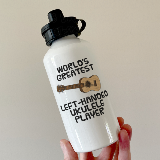 Left Handed Ukulele Water Bottle (Natural) - World's Greatest Left-Handed Ukulele Player - Funny Gift For Uke Player