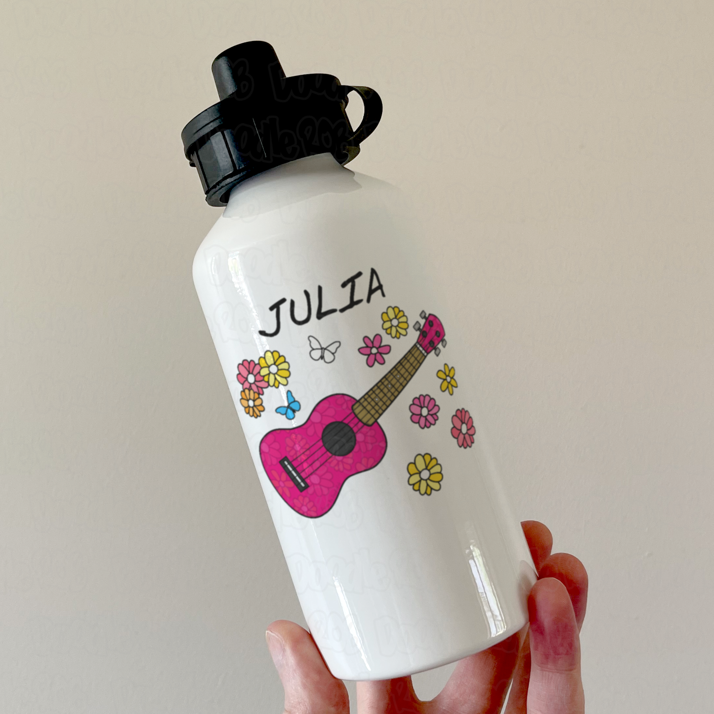 Floral Ukulele Personalised Water Bottle - Uke Player Custom Water Bottle - Musician Gift For Her