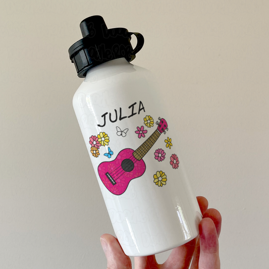 Floral Ukulele Personalised Water Bottle - Uke Player Custom Water Bottle - Musician Gift For Her